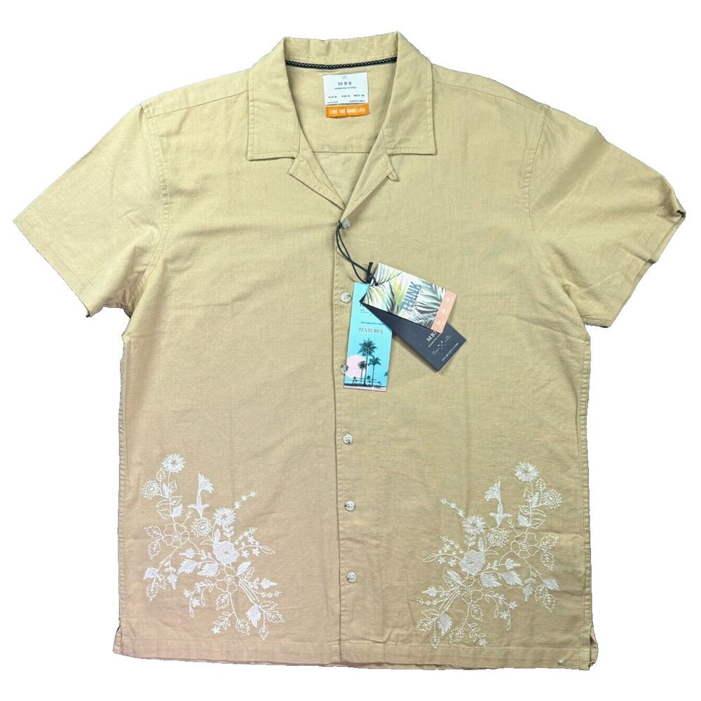 New MBX Premium Goods Short Sleeve Mens Shirt Medium Beige‎ Embroidered Floral